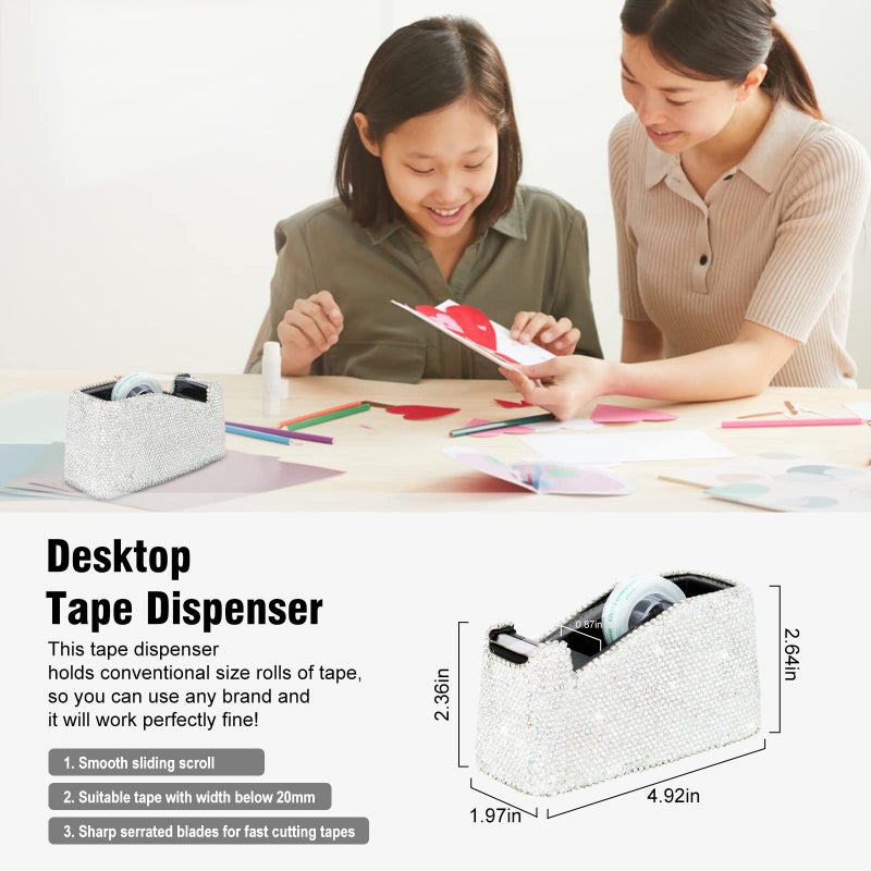 KEYPOWER Bling Crystal Luxury Handmade Diamond Round Pencil Pen Pot Holder & Stapler & Card Holder & Desktop Tape Dispenser Office Stationery Kit for Fashion Girls Women(White) - Image 5